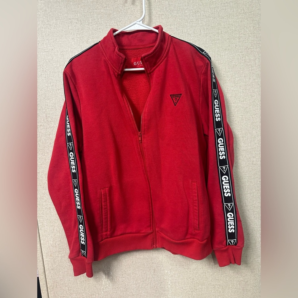 Guess Red Fleece Zip Jacket with Logo Tag